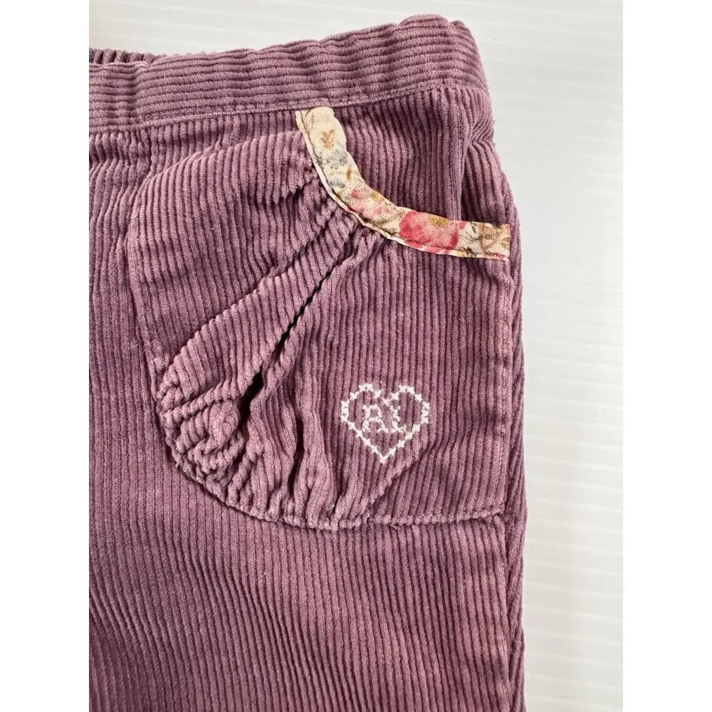Ralph Lauren Girls 12M Plum Corduroy Pull On Pants Heart Embroidered Polo Trim